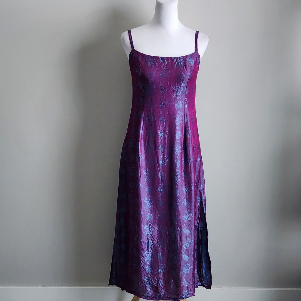 Satin Slip Dress Womens Small Midi Purple Blue Jacquard Asian Inspired 90s Y2K